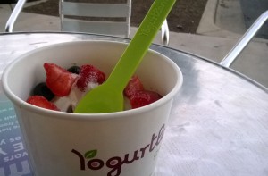 Chocolate-Vanilla Swirl Yogurt with Blueberries and Strawberries
