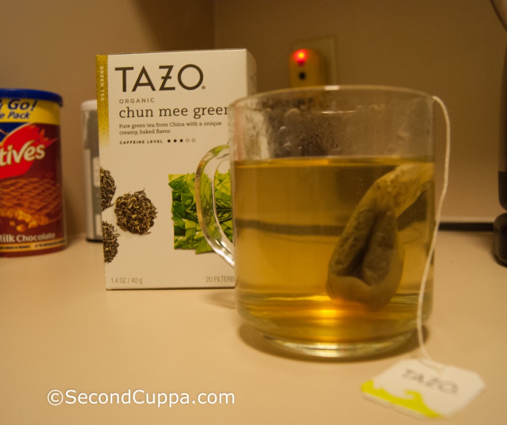Tazo Chun Mee (Pan-Fired) Green Tea Brewing in a Mug