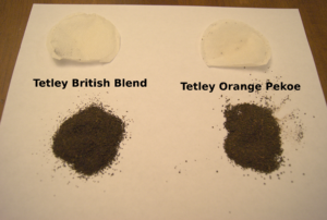 Tetley British Blend vs Tetley Orange Pekoe teabag leaf comparison