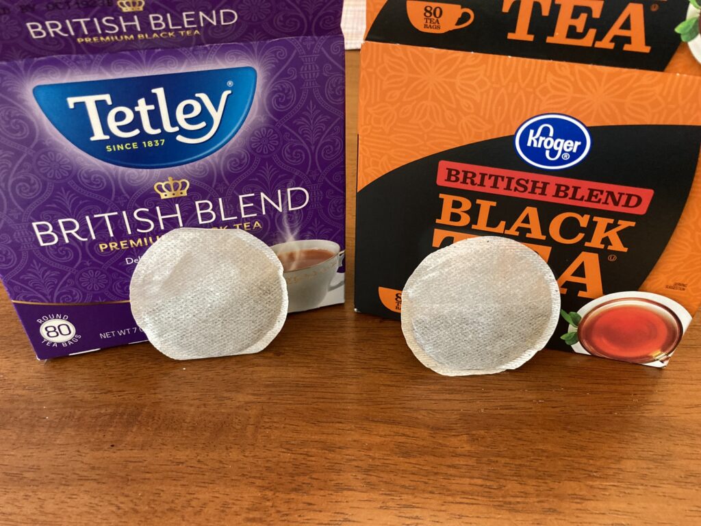Tetley British Blend and Kroger British Blend. Packaging and tea bags side by side.