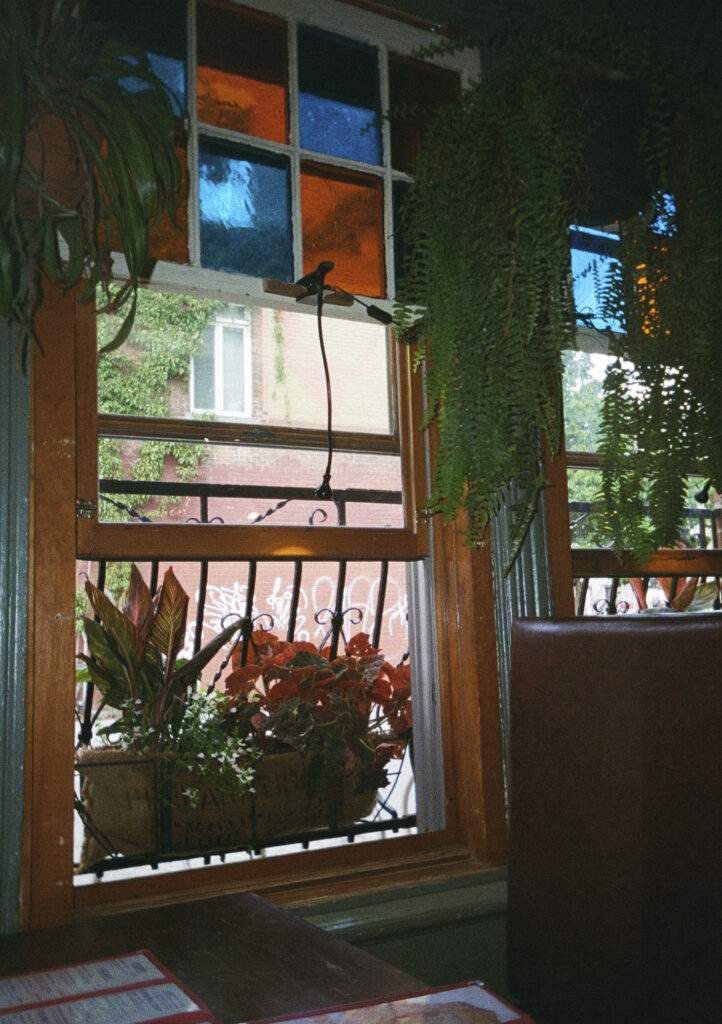 Stained glass window insdie Cafe Santropol in Montreal.