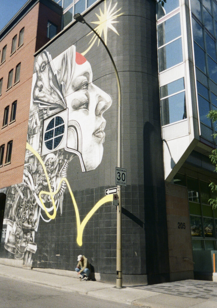 Mural mostly in black and white of a multi-faceted woman.